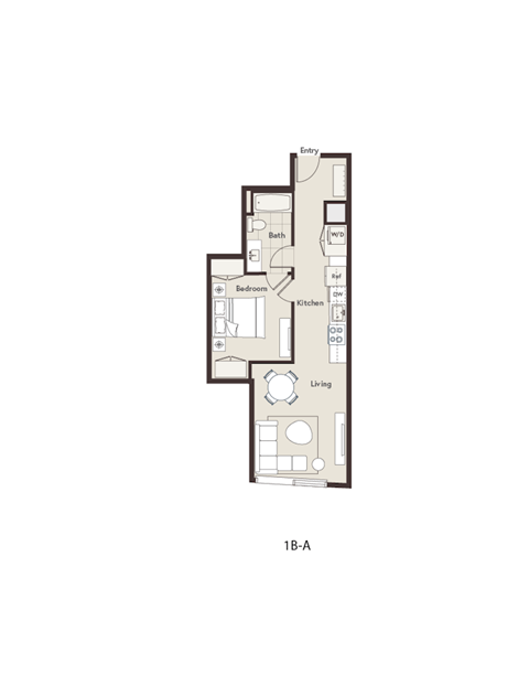 Floor plan for 1 bed, 1 bath, 612 sqft